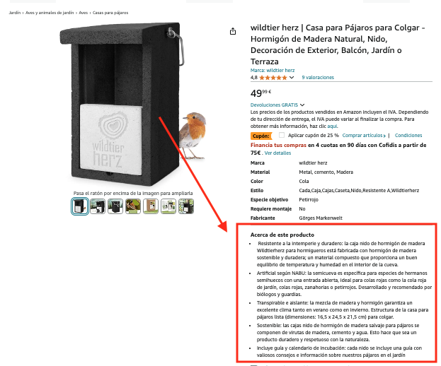 ejemplo de acerca de este producto en Amazon